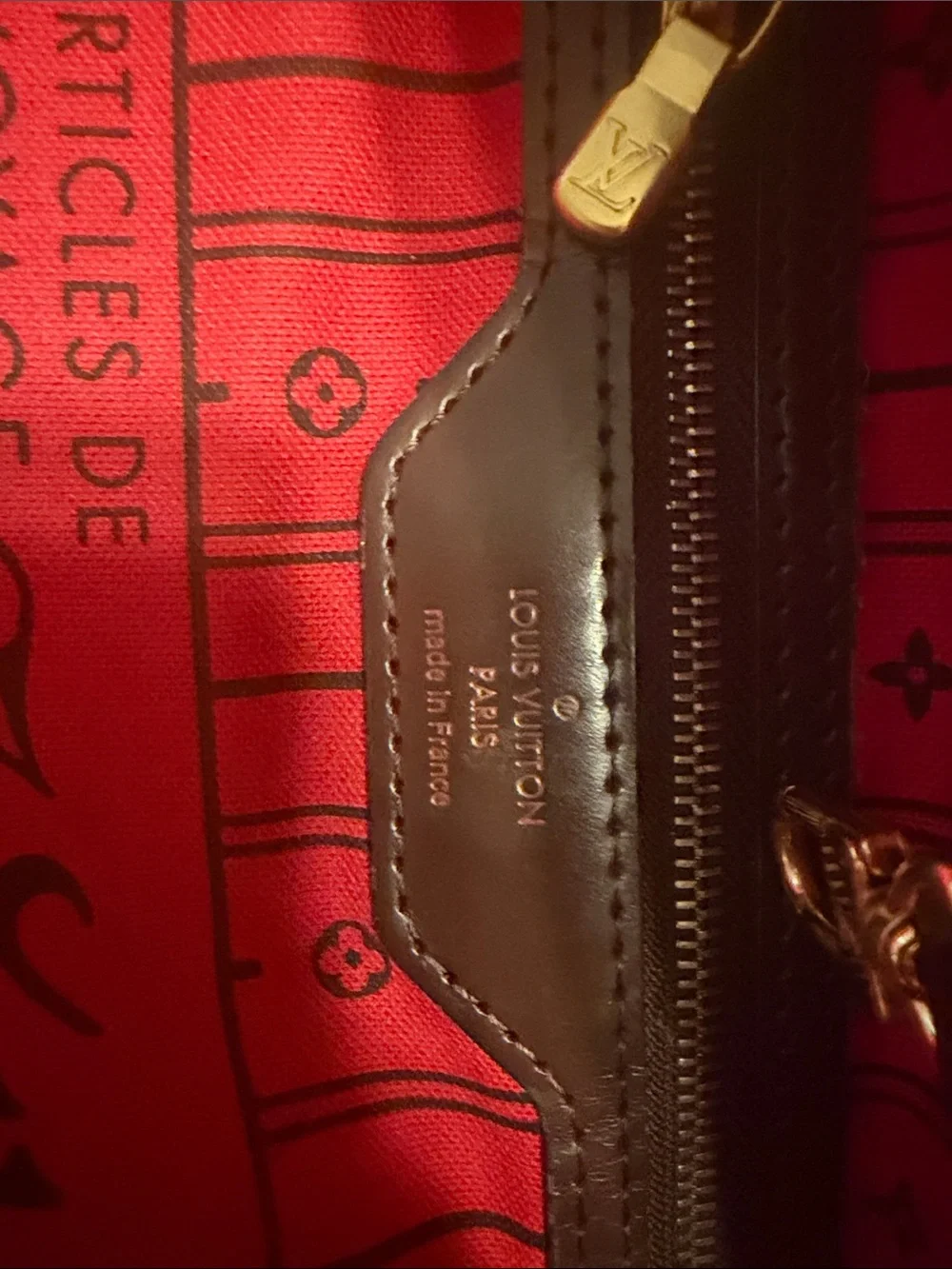 Louis Vuitton Brown Damier Ebene Tote with Red Interior